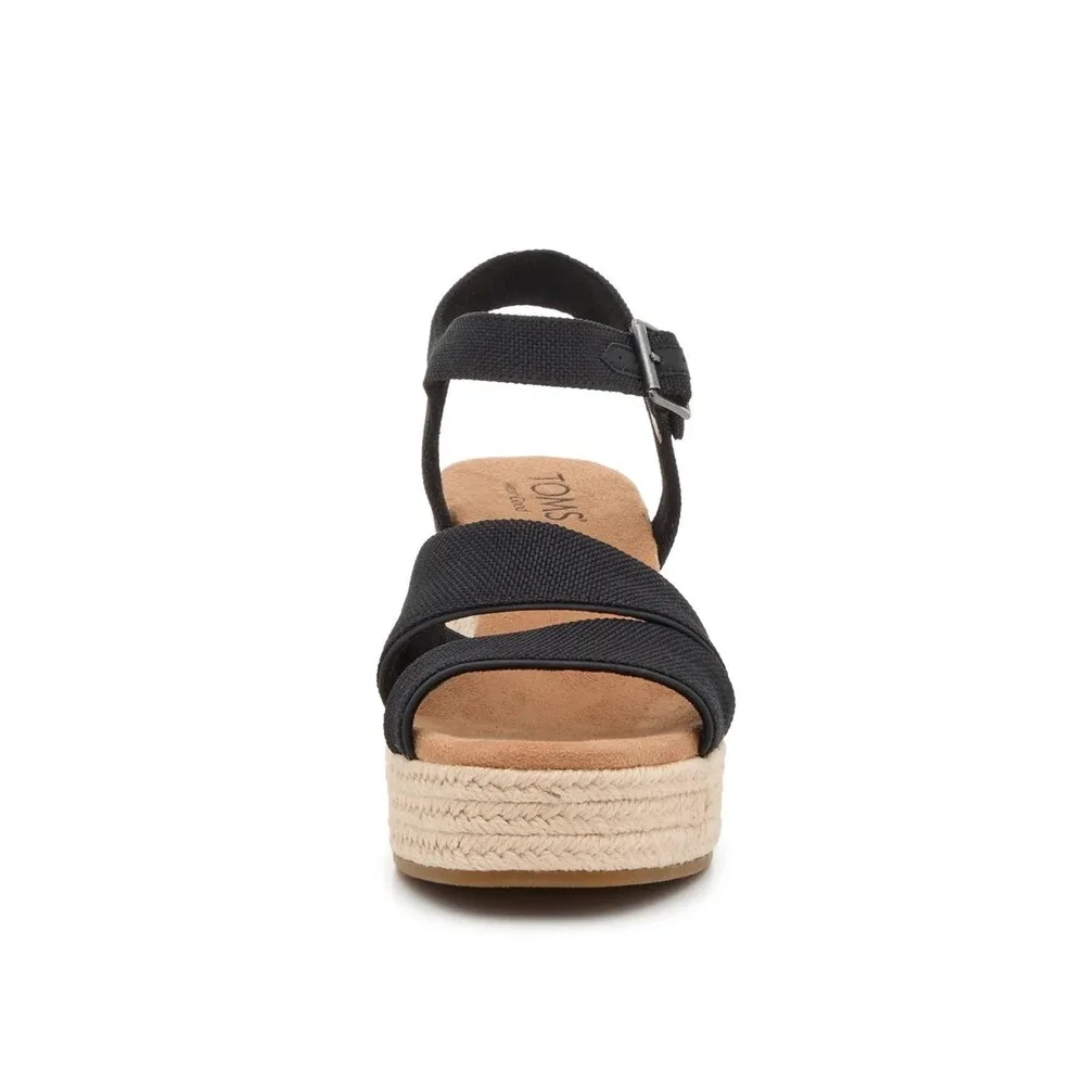 Toms Kiki Sandals Womans US 6.5 Black Ankle Strap Block Heel Espadrille HTAT1457